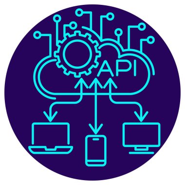 AI API Bütünleşme Simgesi. Koyu mavi yuvarlak arka planda minimalist neon çizgiler. Birden fazla aygıta bağlı akıllı bir bulut servisinin vektör çizimi, sorunsuz AIaS (Servis olarak Al) dağıtımı ve sistemin birlikte çalışabilirliğini sembolize eder