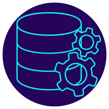 Veri Yönetimi Simgesi. Koyu mavi yuvarlak arka planda minimalist neon çizgiler. Veri yönetimini, işleme otomasyonunu, veritabanı yönetimini ve sistem optimizasyonunu sembolize eden birbirine kenetlenmiş iki vites içeren bir sunucu yığınının vektör çizimi