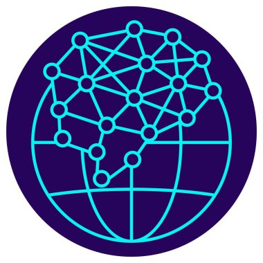 Global AI Network Icon. Minimalistic neon outline on a dark blue round background. A stylish vector illustration of a complex neural network or graph structure layered over a globe, symbolizing global AI connectivity, distributed machine learning