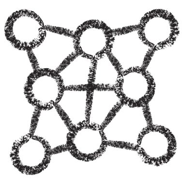 Birbirine bağlı düğümlere sahip merkezi olmayan vektör ağ simgesi. Koyu kahverengi desenli kömür eskizi şeffaf arkaplanda doğrusal bir şekilde çizilmiş. Ağ, P2P ve dijital bağlantı konsepti