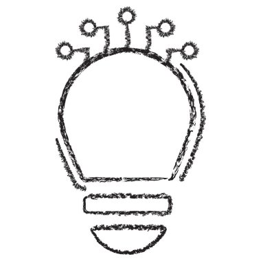 Dijital bir fikri temsil eden devre kartı bağlantıları olan bir ampulün vektör simgesi. Şeffaf arkaplanda koyu kahverengi kömür eskizi. Zekice yenilik ve teknolojiyi temsil ediyor.