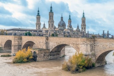 İspanya 'nın Zaragoza kentindeki Puente de Piedra kemerleri ve çok kubbeli Bazilika del Pilar' ın ayrıntılı görüntüsü. Sarı sonbahar çalıları Ebro Nehri 'nin kıvrımlı kahverengi sularında yetişir.