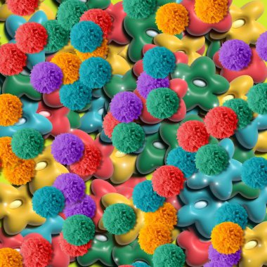 Parlak, çiçek şeklinde plastik oyuncaklar renkli haplar ve tabletler üzerine dağılmış renkli tüylü ponponlarıyla dolu parlak ve soyut bir arka plan.