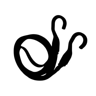 Siyah elastik kullanım kablosu, iki metal kanca, sarmalanmış siluet, izole edilmiş beyaz zemin, düz stil.