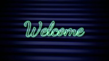 Koyu mavi desenli fotoğraf arkaplanında parlayan canlı cyan neon hoş geldin işareti
