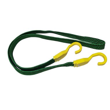 Yeşil düz bungee kordonu sarı kanca beyaz arka plan