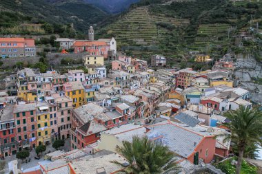 Liguria, İtalya 'daki ünlü Cinque Terre köylerinden Vernazza' nın panoramik manzarası. Renkli geleneksel evler, dar sokaklar ve teraslı tepeler manzaralı bir manzara yaratır..