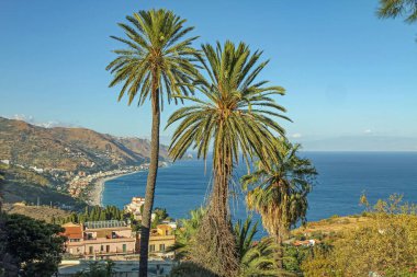 Sicilya, İtalya 'nın pitoresk Akdeniz kıyı manzarası, yüksek palmiye ağaçları, mavi deniz, uzak dağlar ve kıyı köyleri.