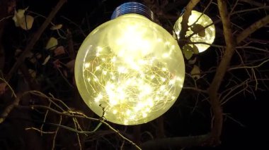 Ağaç Videosundaki lambalarda dallarda asılı dekoratif ışıklar, sıcak ve atmosferik bir açık hava manzarası yaratıyor. Şenlikli görseller, akşam ortamı, bahçe dcor videoları, kutlamalar ve sinema geçmişi için mükemmel..