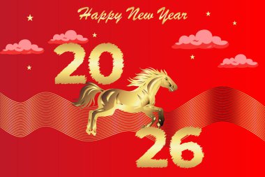Yeni yılınız kutlu olsun. Kırmızı arka planlı Altın At.