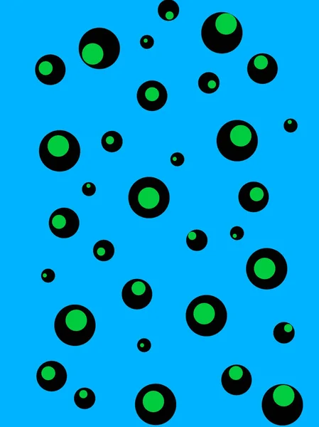 İçinde daha küçük yeşil daireler olan siyah dairelerin soyut desenleri, parlak mavi bir arkaplana saçılmış..