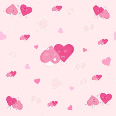 Bir düğün ya da Sevgililer Günü için farklı pozlarda sevgi, duygular ve duygular ifade eden şirin kalpler deseni..