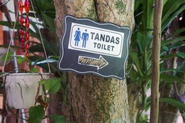 Malay 'daki Unisex tuvalet tabelası ve yeşil, tropikal bahçe ortamındaki bir ağaca monte edilmiş İngilizce..