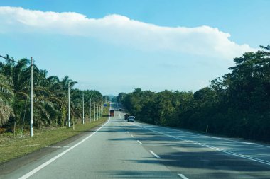 Yapraksız ve yapraksız ağaçlar, berrak gökyüzü ve uzak telekom kulesi karışımıyla yemyeşil yol. Jalan Kota Tinggi 'den Mersing' e.