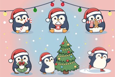 Noel Baba şapkalı sevimli penguenler. Hediyeli komik çizgi film hayvanları, bir fincan kakao, Noel ağacı ve kış dekoru..