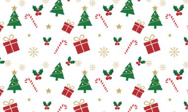 Köknar ağaçları, kar taneleri, hediyeler ve şeker kamışlarıyla vektör tarzında kusursuz bir klasik Noel deseni. Kış ve Yeni Yıl projeleri için şenlik arka planı.