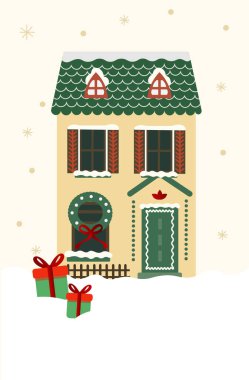 Kar, bayram hediyeleri, vektör resimli şirin bir Noel evi.