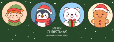 Şirin Noel vektör çizimi elf, penguen, kutup ayısı ve zencefilli kurabiye. Parlak renkleri ve temiz çizgileri olan sevimli çizgi film tarzı tasarım.