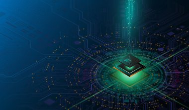 Yüksek Teknoloji Devre Tahtasında Yeşil ve Mavi Işık, Yapay Zeka (AI), Kuantum Bilgisayar ve Geleceğin Siber Dünyası 'nın gücü, bilgi ve enerji akışına odaklanıyor..