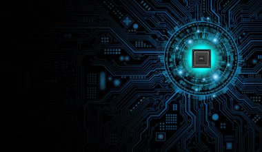 Koyu Mavi Dijital Devre Tahtasında Merkezi Yapay Zeka Mikroişlemci Çekirdeği. 