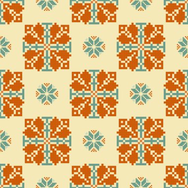 Retro Style Floral, Etnik esinlenilmiş, el yapımı dokuma motifleri olan pürüzsüz pikseller. Halk tarzı tekstil baskıları, dijital kumaşlar ve kültürel tasarım projeleri için mükemmel..