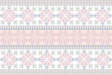 Pastel Geleneksel kumaştan esinlenilmiş piksel sanat deseni ve el yapımı bir görünüş. Piksel tarzında tekrarlanan geometrik motifler, etnik tekstil baskıları, dijital kumaş tasarımı ve halk esinlenilmiş el sanatları için mükemmel.