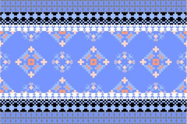 Pastel Geleneksel kumaştan esinlenilmiş piksel sanat deseni ve el yapımı bir görünüş. Piksel tarzında tekrarlanan geometrik motifler, etnik tekstil baskıları, dijital kumaş tasarımı ve halk esinlenilmiş el sanatları için mükemmel.