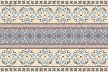 Pastel Geleneksel kumaştan esinlenilmiş piksel sanat deseni ve el yapımı bir görünüş. Piksel tarzında tekrarlanan geometrik motifler, etnik tekstil baskıları, dijital kumaş tasarımı ve halk esinlenilmiş el sanatları için mükemmel.