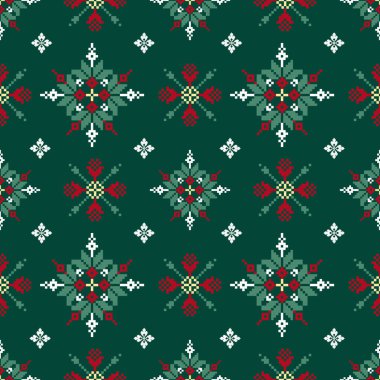 Çiçek Pikseli Tasarımlı Noel Sanatı. Geometrik Etnik Desen, Nakış, Tekstil Süsleme, Kumaş, El Dikişi, Kültürel Dikiş Sanatı