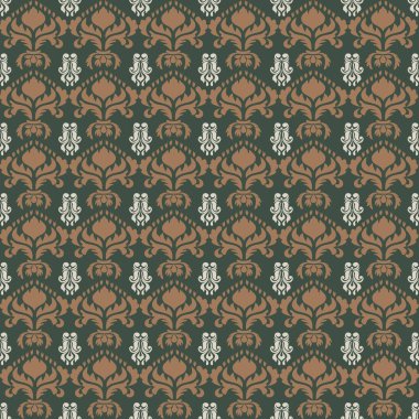Kahverengi-Yeşil Tonlu Şam Şablonu Üst Düzey İç Modeller için Zarif Dekorasyon Tasarımı. Bu zarif damaske deseni ile zamansız sofistike hoşgörü, zenginlik tadı olanlar için titizlikle hazırlanmış