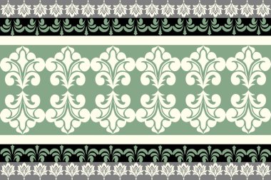 Yeşil Ton Şam Şablonu: Şık, Üst Düzey İç Tasarım ve Moda İçin Süslü Tasarım. Bu zarif damaske deseni ile zamansız sofistike hoşgörü, zenginlik tadı olanlar için titizlikle hazırlanmış