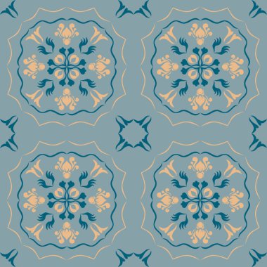 Klasik seramik ve Akdeniz dekoratif tasarımından esinlenilmiş çiçek ve geometrik motiflerle süslenmiş Mavi, pürüzsüz bir fayans deseni. Duvar kağıdı, tekstil, kumaş, ev dekorasyonu, ambalaj kağıdı, arkaplan, yüzey deseni tasarımı için uygun,