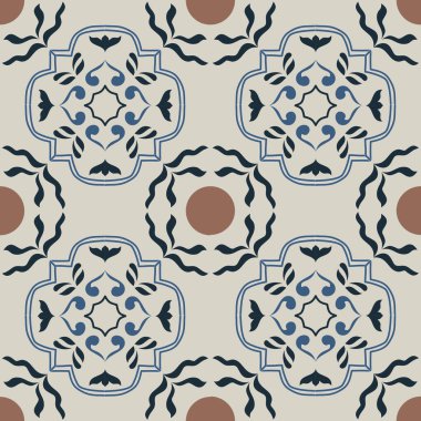 Klasik seramik ve Akdeniz dekoratif tasarımından esinlenilmiş çiçek ve geometrik motiflerle süslenmiş Mavi, pürüzsüz bir fayans deseni. Duvar kağıdı, tekstil, kumaş, ev dekorasyonu, ambalaj kağıdı, arkaplan, yüzey deseni tasarımı için uygun,