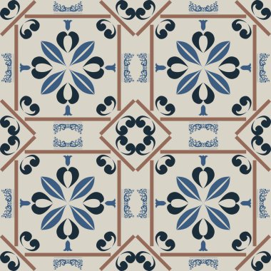 Klasik seramik ve Akdeniz dekoratif tasarımından esinlenilmiş çiçek ve geometrik motiflerle süslenmiş Mavi, pürüzsüz bir fayans deseni. Duvar kağıdı, tekstil, kumaş, ev dekorasyonu, ambalaj kağıdı, arkaplan, yüzey deseni tasarımı için uygun,