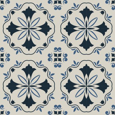 Klasik seramik ve Akdeniz dekoratif tasarımından esinlenilmiş çiçek ve geometrik motiflerle süslenmiş Mavi, pürüzsüz bir fayans deseni. Duvar kağıdı, tekstil, kumaş, ev dekorasyonu, ambalaj kağıdı, arkaplan, yüzey deseni tasarımı için uygun,