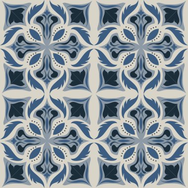 Klasik seramik ve Akdeniz dekoratif tasarımından esinlenilmiş çiçek ve geometrik motiflerle süslenmiş Mavi, pürüzsüz bir fayans deseni. Duvar kağıdı, tekstil, kumaş, ev dekorasyonu, ambalaj kağıdı, arkaplan, yüzey deseni tasarımı için uygun,