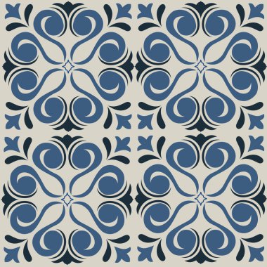 Eski seramik ve Akdeniz dekoratif tasarımından esinlenen çiçek ve geometrik motifleri içeren Retro Pürüzsüz döşeme desenleri. Duvar kağıdı, tekstil, kumaş, ev dekorasyonu, ambalaj kağıdı, arkaplan, yüzey deseni tasarımı için uygun