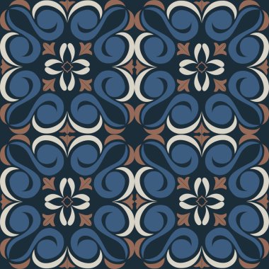 Eski seramik ve Akdeniz dekoratif tasarımından esinlenen çiçek ve geometrik motifleri içeren Retro Pürüzsüz döşeme desenleri. Duvar kağıdı, tekstil, kumaş, ev dekorasyonu, ambalaj kağıdı, arkaplan, yüzey deseni tasarımı için uygun