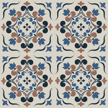 Eski seramik ve Akdeniz dekoratif tasarımından esinlenen çiçek ve geometrik motifleri içeren Retro Pürüzsüz döşeme desenleri. Duvar kağıdı, tekstil, kumaş, ev dekorasyonu, ambalaj kağıdı, arkaplan, yüzey deseni tasarımı için uygun