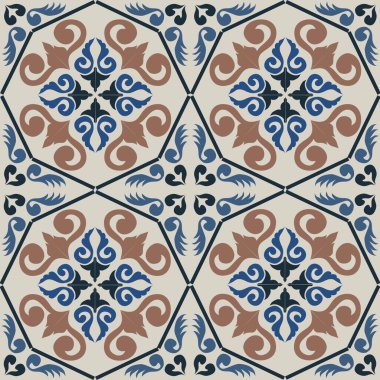 Eski seramik ve Akdeniz dekoratif tasarımından esinlenen çiçek ve geometrik motifleri içeren Retro Pürüzsüz döşeme desenleri. Duvar kağıdı, tekstil, kumaş, ev dekorasyonu, ambalaj kağıdı, arkaplan, yüzey deseni tasarımı için uygun