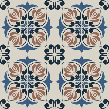 Eski seramik ve Akdeniz dekoratif tasarımından esinlenen çiçek ve geometrik motifleri içeren Retro Pürüzsüz döşeme desenleri. Duvar kağıdı, tekstil, kumaş, ev dekorasyonu, ambalaj kağıdı, arkaplan, yüzey deseni tasarımı için uygun