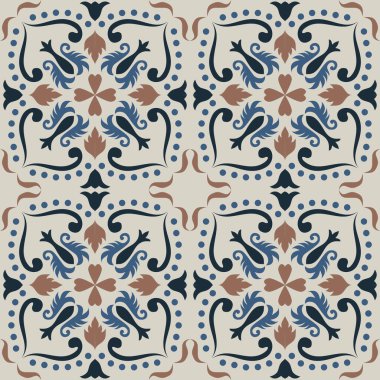 Eski seramik ve Akdeniz dekoratif tasarımından esinlenen çiçek ve geometrik motifleri içeren Retro Pürüzsüz döşeme desenleri. Duvar kağıdı, tekstil, kumaş, ev dekorasyonu, ambalaj kağıdı, arkaplan, yüzey deseni tasarımı için uygun