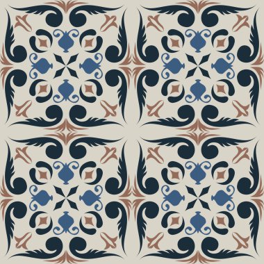 Eski seramik ve Akdeniz dekoratif tasarımından esinlenen çiçek ve geometrik motifleri içeren Retro Pürüzsüz döşeme desenleri. Duvar kağıdı, tekstil, kumaş, ev dekorasyonu, ambalaj kağıdı, arkaplan, yüzey deseni tasarımı için uygun