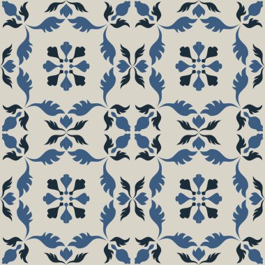 Eski seramik ve Akdeniz dekoratif tasarımından esinlenen çiçek ve geometrik motifleri içeren Retro Pürüzsüz döşeme desenleri. Duvar kağıdı, tekstil, kumaş, ev dekorasyonu, ambalaj kağıdı, arkaplan, yüzey deseni tasarımı için uygun