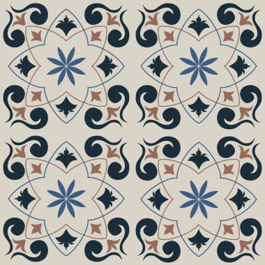 Eski seramik ve Akdeniz dekoratif tasarımından esinlenen çiçek ve geometrik motifleri içeren Retro Pürüzsüz döşeme desenleri. Duvar kağıdı, tekstil, kumaş, ev dekorasyonu, ambalaj kağıdı, arkaplan, yüzey deseni tasarımı için uygun