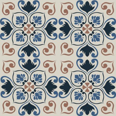 Eski seramik ve Akdeniz dekoratif tasarımından esinlenen çiçek ve geometrik motifleri içeren Retro Pürüzsüz döşeme desenleri. Duvar kağıdı, tekstil, kumaş, ev dekorasyonu, ambalaj kağıdı, arkaplan, yüzey deseni tasarımı için uygun