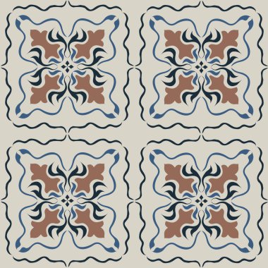 Eski seramik ve Akdeniz dekoratif tasarımından esinlenen çiçek ve geometrik motifleri içeren Retro Pürüzsüz döşeme desenleri. Duvar kağıdı, tekstil, kumaş, ev dekorasyonu, ambalaj kağıdı, arkaplan, yüzey deseni tasarımı için uygun