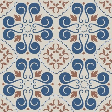 Eski seramik ve Akdeniz dekoratif tasarımından esinlenen çiçek ve geometrik motifleri içeren Retro Pürüzsüz döşeme desenleri. Duvar kağıdı, tekstil, kumaş, ev dekorasyonu, ambalaj kağıdı, arkaplan, yüzey deseni tasarımı için uygun