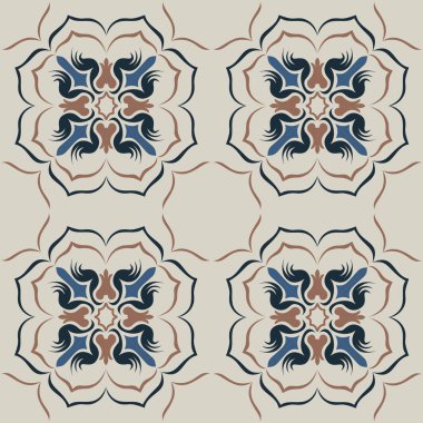 Eski seramik ve Akdeniz dekoratif tasarımından esinlenen çiçek ve geometrik motifleri içeren Retro Pürüzsüz döşeme desenleri. Duvar kağıdı, tekstil, kumaş, ev dekorasyonu, ambalaj kağıdı, arkaplan, yüzey deseni tasarımı için uygun