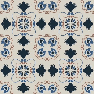 Eski seramik ve Akdeniz dekoratif tasarımından esinlenen çiçek ve geometrik motifleri içeren Retro Pürüzsüz döşeme desenleri. Duvar kağıdı, tekstil, kumaş, ev dekorasyonu, ambalaj kağıdı, arkaplan, yüzey deseni tasarımı için uygun